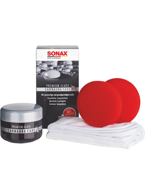 SONAX PremiumClass CarnaubaCare 200 ml 100% Carnaubawachs für alle neuen & grundgereinigten Lacke inkl. 2x Schwamm & 1x MicrofaserTuch | Art-Nr. 02112000