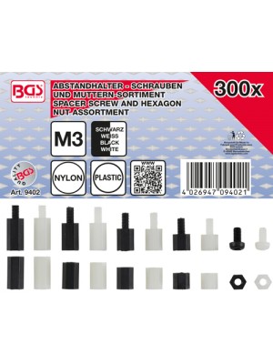 BGS 9402 Abstandhalter-Schrauben und Sechskant-Muttern-Sortiment | Nylon | 300-tlg.