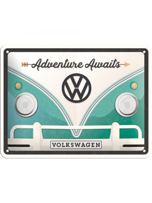 VW-Bulli blau - Adventure Awaits - Metallschild 15x20 cm