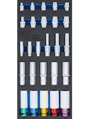 BGS 4147 Werkstattwageneinlage 1/3: Steckschlüssel-Einsätze | Sechskant, tief 11 - 22 mm | E-Profil E10 - E22 | 6,3 mm (1/4""), 10 mm (3/8""), 12,5 mm (1/2"") | 26-tlg.