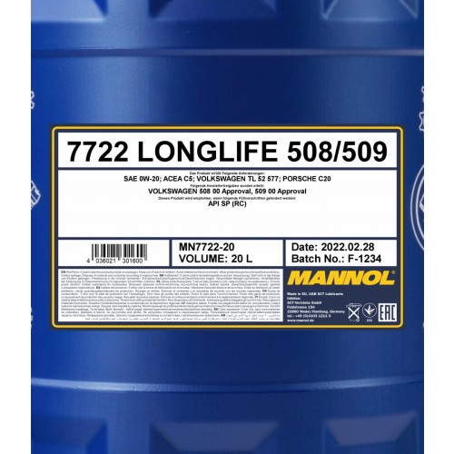 Mannol 7722 Longlife 508/509 0W-20 Motoröl 20l Kanister