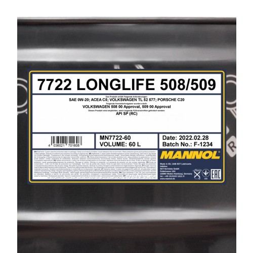 Mannol 7722 Longlife 508/509 0W-20 Motoröl 60l Fass