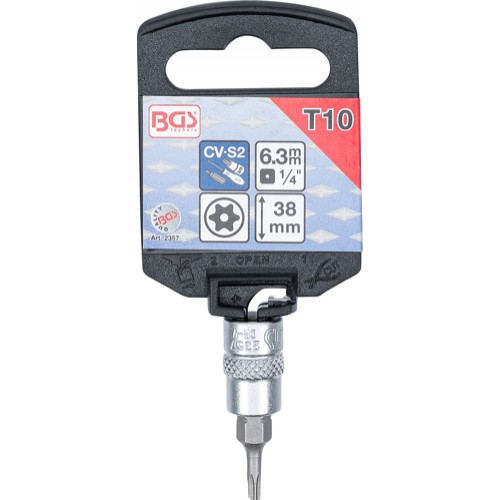 BGS Bit-Einsatz | Antrieb Innenvierkant 6,3 mm (1/4"") | T-Profil (für Torx) mit Bohrung T10