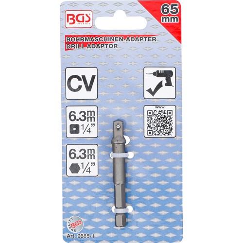BGS Adapter für Bohrmaschinen | Antrieb Außensechskant 6,3 mm (1/4"") / Abtrieb Außenvierkant 6,3 mm (1/4"")