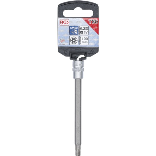 BGS Bit-Einsatz | Länge 100 mm | Antrieb Innenvierkant 6,3 mm (1/4"") | T-Profil (für Torx) mit Bohrung T30