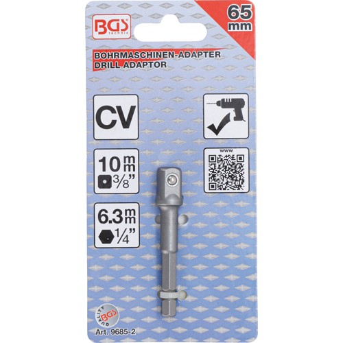 BGS Adapter für Bohrmaschinen | Antrieb Außensechskant 6,3 mm (1/4"") / Abtrieb Außenvierkant 10 mm (3/8"")