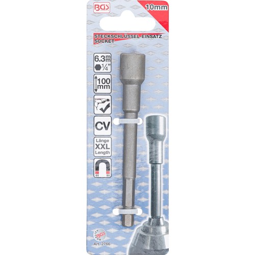 BGS Steckschlüssel-Einsatz Sechskant, extra lang | für Bohrmaschinen | Antrieb Außensechskant 6,3 mm (1/4"") | SW 10 mm