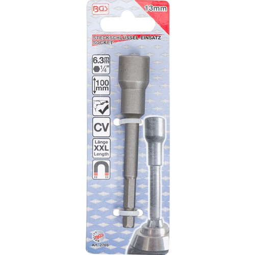 BGS Steckschlüssel-Einsatz Sechskant, extra lang | für Bohrmaschinen | Antrieb Außensechskant 6,3 mm (1/4"") | SW 13 mm