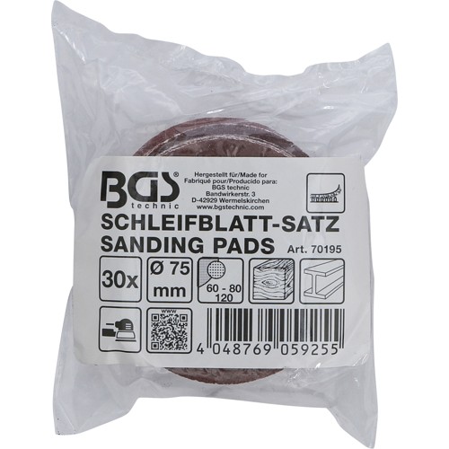 BGS Schleifblatt-Satz für Exzenterschleifer | Ø 75 mm | K 60 - 80 - 120 | 30-tlg.