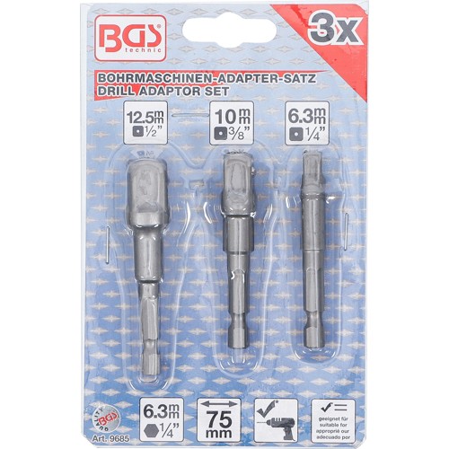 BGS Adapter-Satz für Bohrmaschinen | Außensechskant Antrieb 6,3 mm (1/4"") | Abtrieb Außensechskant 6,3 mm (1/4""), 10 mm (3/8""), 12,5 mm (1/2"") | 3-tlg.