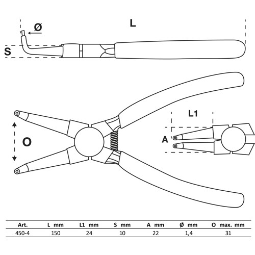 BGS Sprengringzange | abgewinkelt | für Innensprengringe | 150 mm