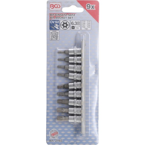 BGS Bit-Einsatz-Satz | Antrieb Innenvierkant 6,3 mm (1/4"") | T-Profil (für Torx) mit Bohrung T10 - T50 | 9-tlg.