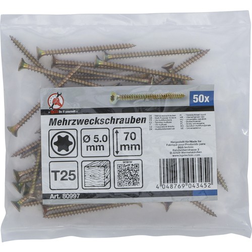 BGS Mehrzweckschrauben | T-Profil (für Torx) T25 | 5,0 x 70 mm | 50 Stück