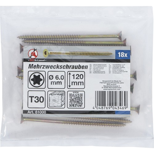 BGS Mehrzweckschrauben | T-Profil (für Torx) T30 | 6,0 x 120 mm | 18 Stück