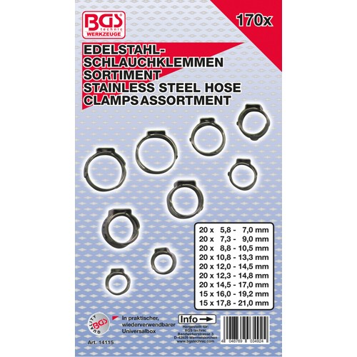 BGS Edelstahl-Schlauchklemmen-Sortiment | Ø 5,8 - 21 mm | 170-tlg.