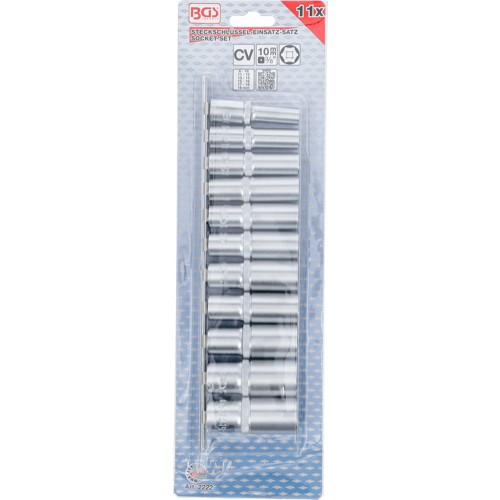 BGS Steckschlüssel-Einsatz-Satz Sechskant, tief | Antrieb Innenvierkant 10 mm (3/8"") | SW 8 - 19 mm | 11-tlg.