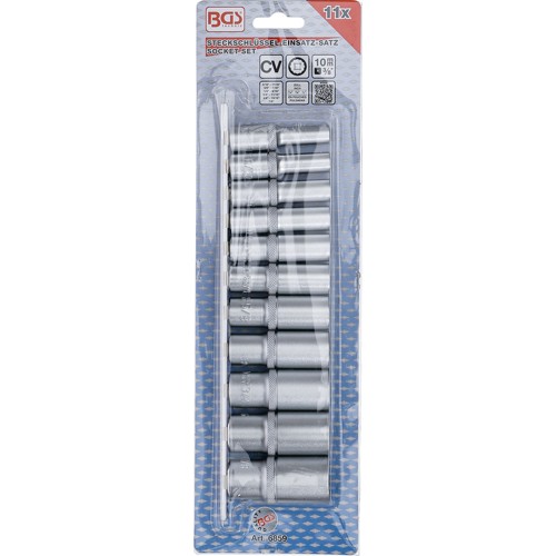 BGS Steckschlüssel-Einsatz-Satz Zwölfkant, tief | Antrieb Innenvierkant 10 mm (3/8"") | Zollgrößen | 11-tlg.