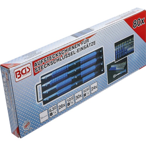 BGS Aufsteckschienen-Set für Steckschlüssel-Einsätze | mit 80 Clips | für Einsätze 6,3 mm (1/4""), 10 mm (3/8""), 12,5 mm (1/2"")