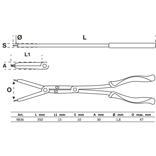 BGS Werkstattwageneinlage 1/3: Doppelgelenk-Sprengringzangen-Satz | auswechselbare Spitzen | 345 mm