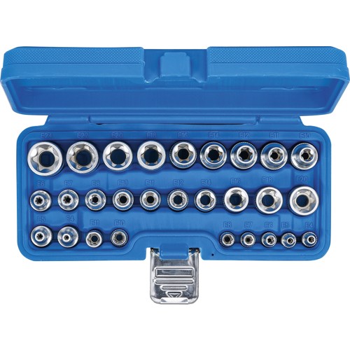 BGS Steckschlüssel-Einsatz-Satz E-Profil | Antrieb Innenvierkant 6,3 mm (1/4"") / 12,5 mm (1/2"") | SW E4 - E24 | 28-tlg.