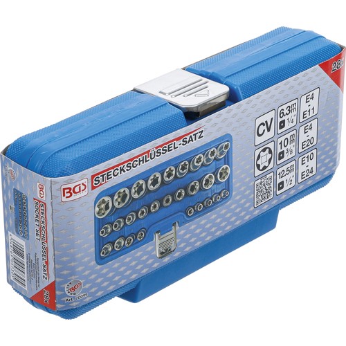 BGS Steckschlüssel-Einsatz-Satz E-Profil | Antrieb Innenvierkant 6,3 mm (1/4"") / 12,5 mm (1/2"") | SW E4 - E24 | 28-tlg.