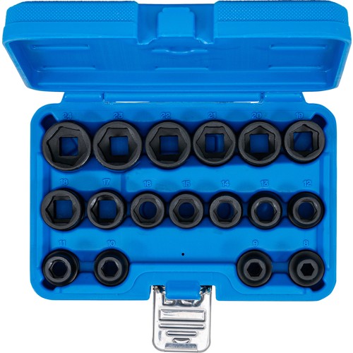 BGS Kraft-Steckschlüssel-Einsatz-Satz Sechskant, extra flach | Antrieb Innenvierkant 12,5 mm (1/2"") | SW 8 - 24 mm | 17-tlg.