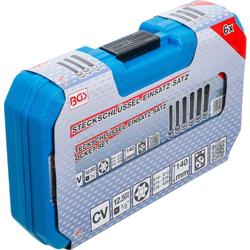 BGS Steckschlüssel-Einsatz-Satz E-Profil, extra lang | Antrieb Innenvierkant 12,5 mm (1/2"") | SW E10 - E20 | 6-tlg.