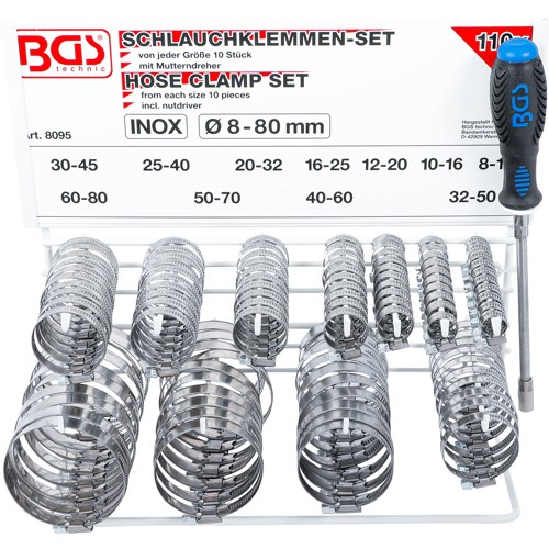BGS Schlauchklemmen-Sortiment | rostfrei | auf Tafel | 111-tlg.