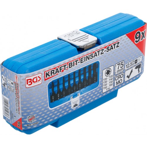 BGS Kraft-Bit-Einsatz-Satz | Antrieb Innenvierkant 12,5 mm (1/2"") | T-Profil (für Torx) T20 - T70 | 9-tlg.