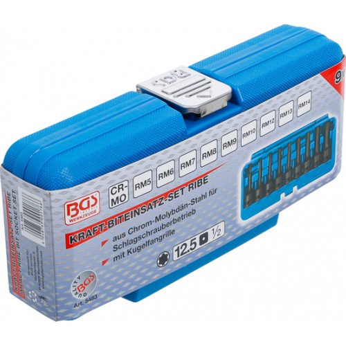 BGS Kraft-Bit-Einsatz-Satz | Antrieb Innenvierkant 12,5 mm (1/2"") | Keil-Profil (für Ribe) M5 - M14 | 9-tlg.