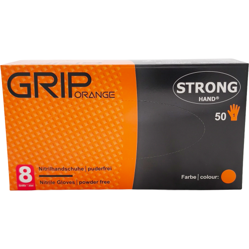 Stronghand Nitril Handschuhe GRIP orange, puderfrei, Größe M - 8, 50 Stück Packung