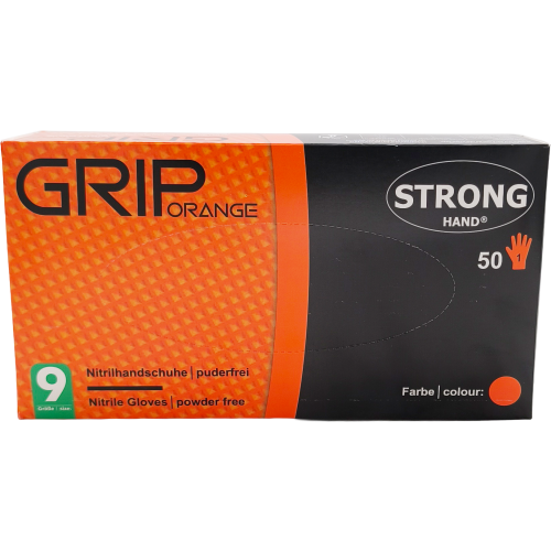 Stronghand Nitril Handschuhe GRIP orange, puderfrei, Größe L - 9, 50 Stück Packung