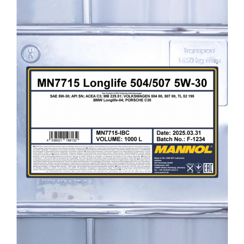 Mannol 7715 Longlife 504/507 5W-30 Motoröl 1000l IBC Container