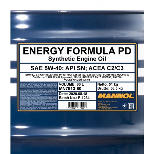 Mannol 7913 Energy Formula PD 5W-40 synthetisches Motoröl 60l Fass
