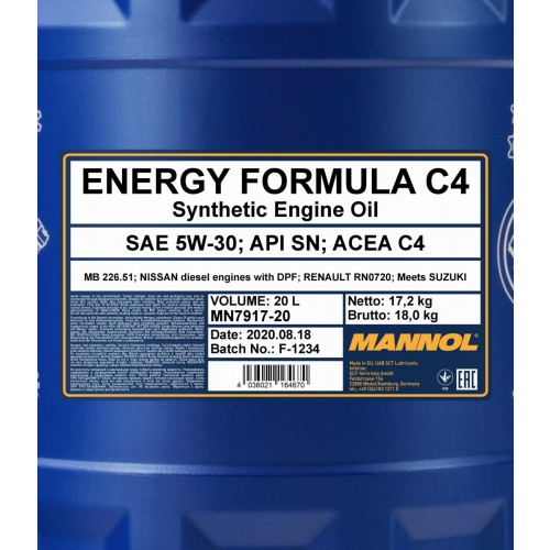 Mannol 7917 Energy Formula C4 5W-30 synthetisches Motoröl 20l Kanister