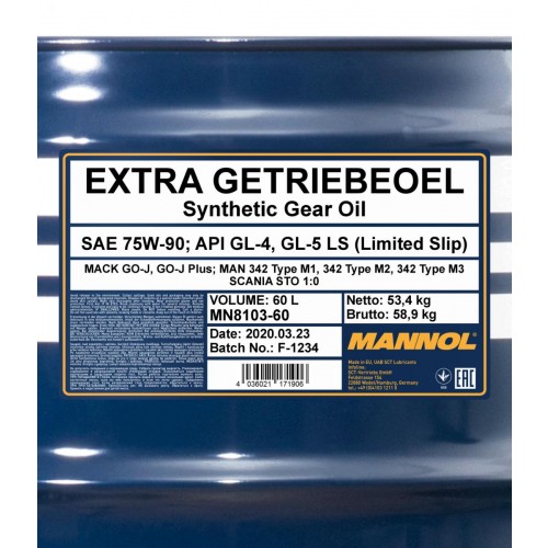Mannol 8103 Extra 75W-90 Getriebeöl 60l Fass